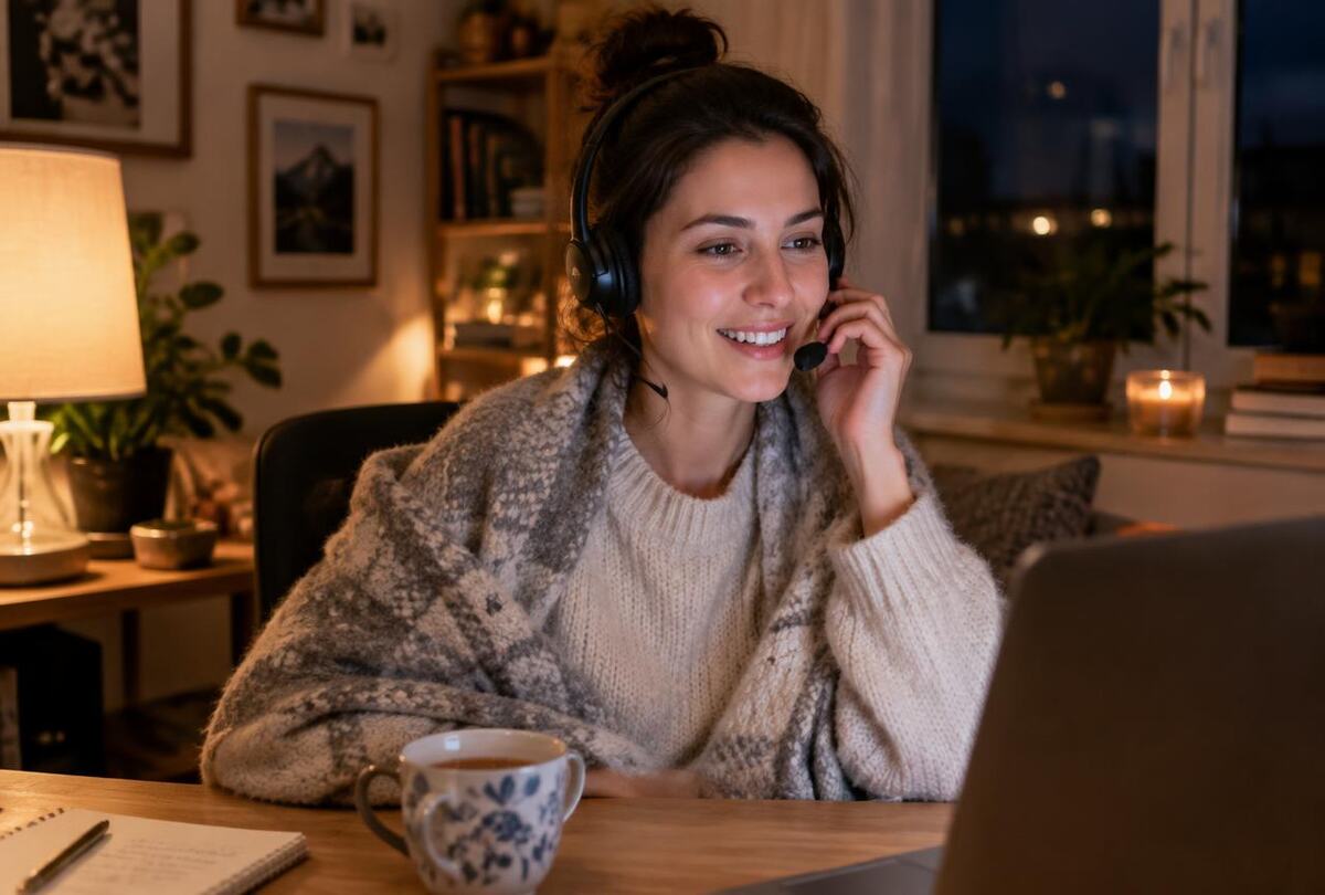Rådgiver med headset i en varm og rolig samtale hjemmefra